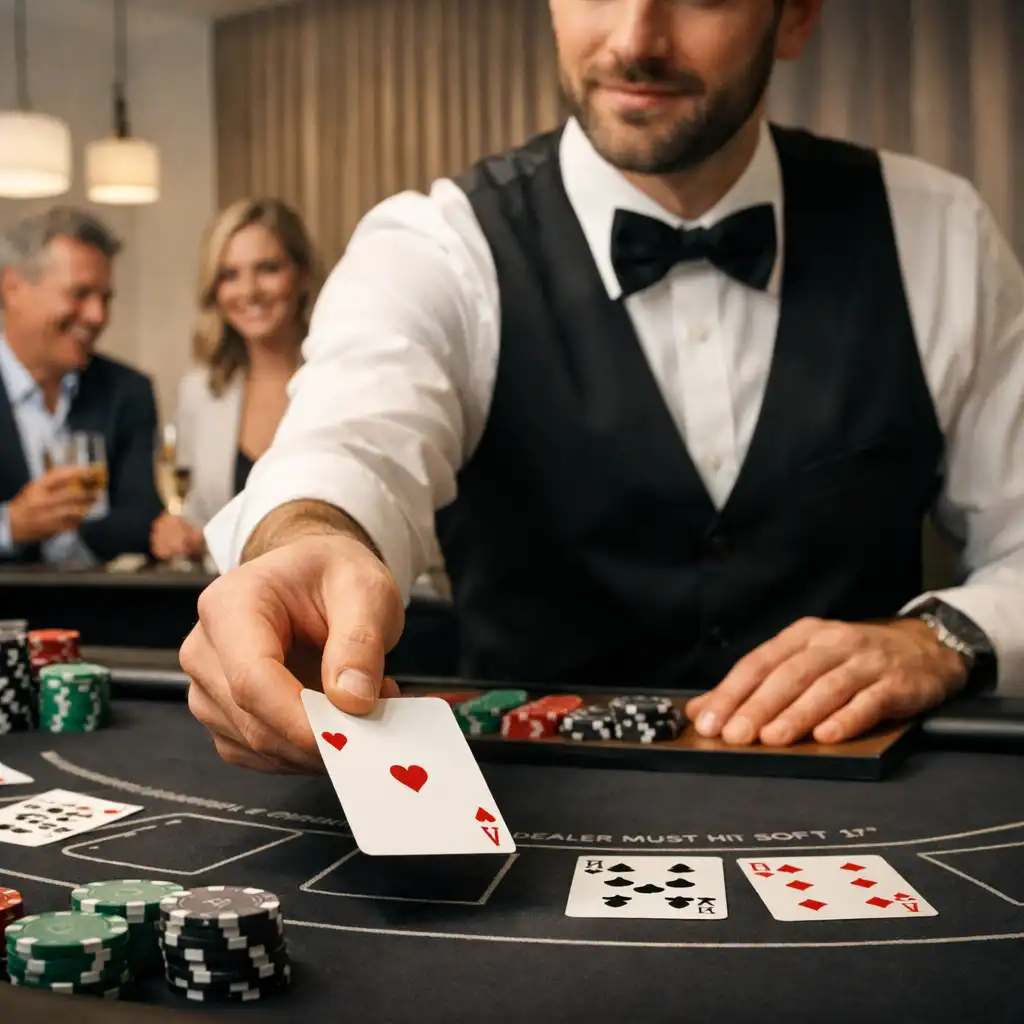 Profesjonalne stoły do pokera, ruletki i blackjacka podczas firmowego wieczoru kasynowego