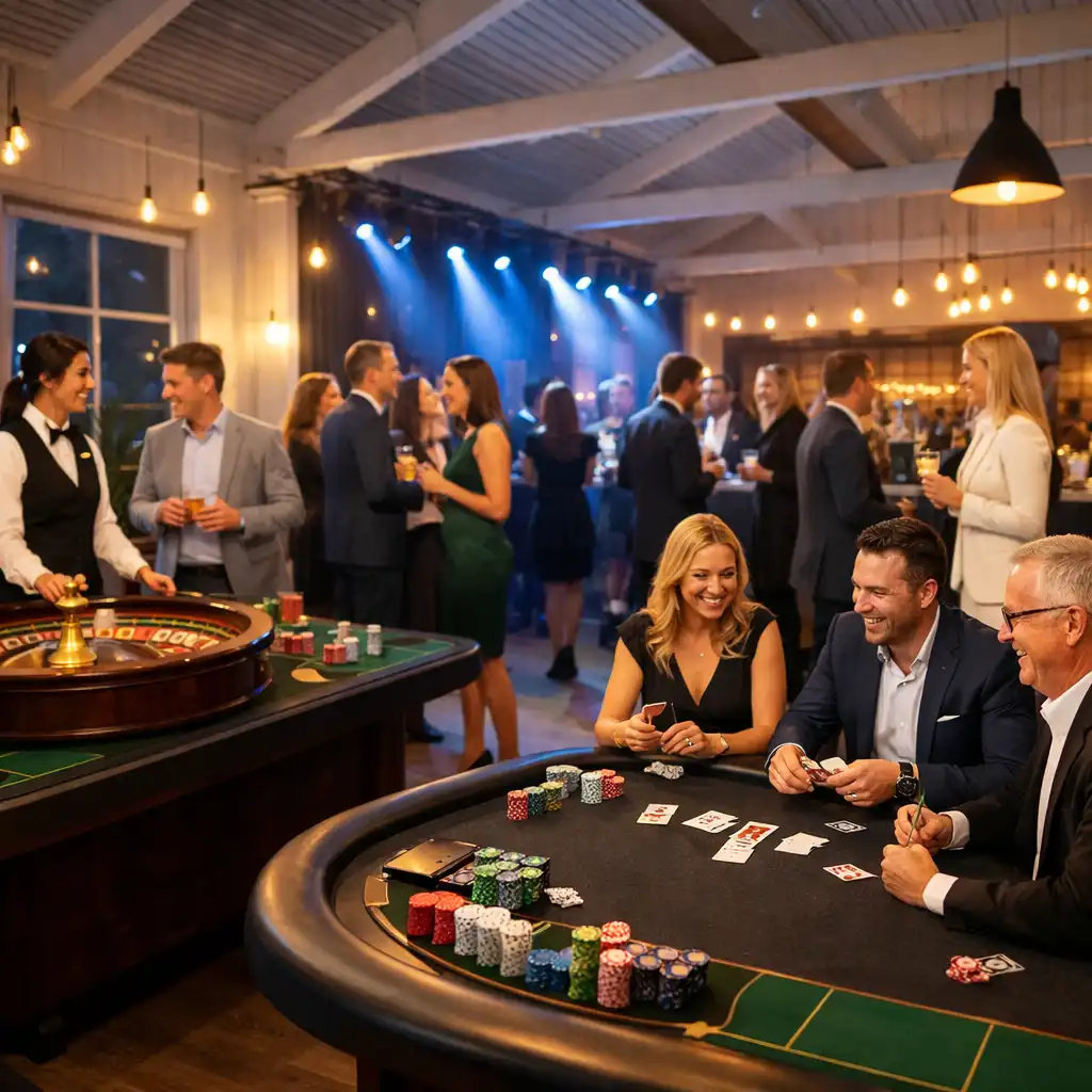 Mobilne kasyno eventowe przygotowane w eleganckiej przestrzeni eventowej