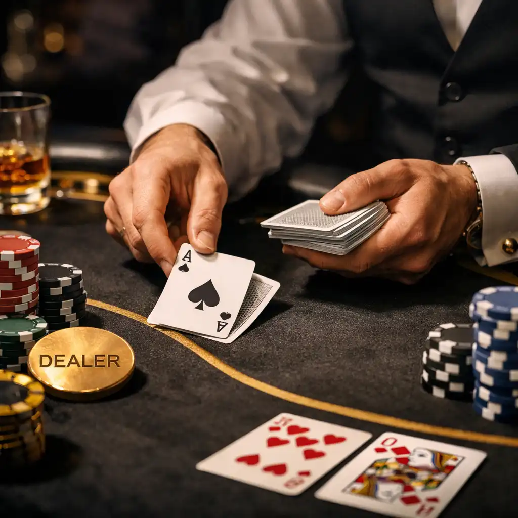 Profesjonalny stół pokerowy z krupierem podczas mobilnego kasyna